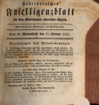 Paderbornsches Intelligenzblatt Samstag 23. Februar 1833