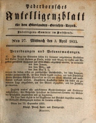 Paderbornsches Intelligenzblatt Mittwoch 3. April 1833