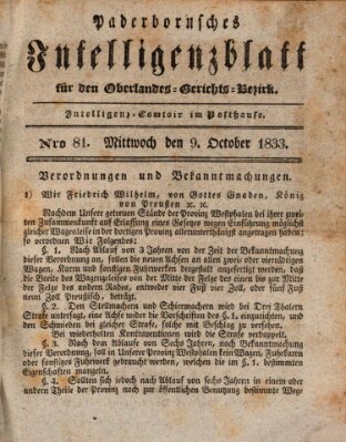 Paderbornsches Intelligenzblatt Mittwoch 9. Oktober 1833