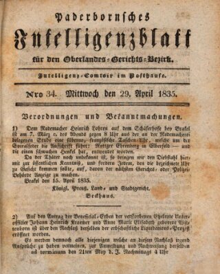 Paderbornsches Intelligenzblatt Mittwoch 29. April 1835