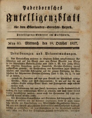 Paderbornsches Intelligenzblatt Mittwoch 18. Oktober 1837