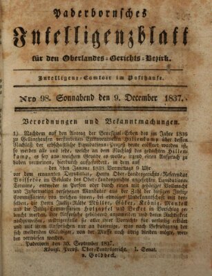 Paderbornsches Intelligenzblatt Samstag 9. Dezember 1837