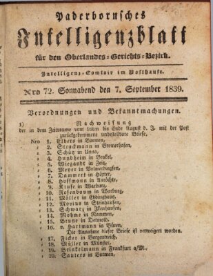 Paderbornsches Intelligenzblatt Samstag 7. September 1839