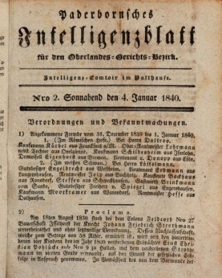 Paderbornsches Intelligenzblatt Samstag 4. Januar 1840