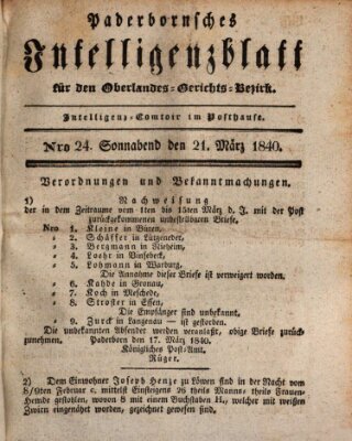 Paderbornsches Intelligenzblatt Samstag 21. März 1840