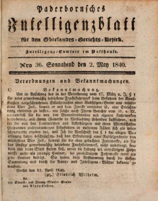 Paderbornsches Intelligenzblatt Samstag 2. Mai 1840