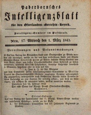 Paderbornsches Intelligenzblatt Mittwoch 1. März 1843