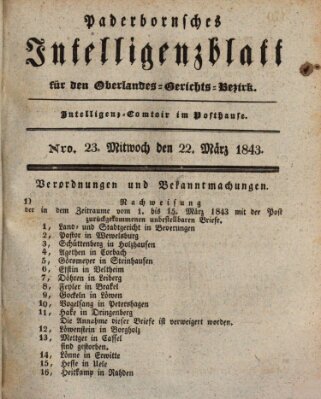 Paderbornsches Intelligenzblatt Mittwoch 22. März 1843