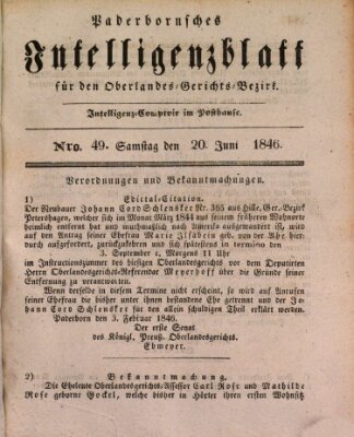 Paderbornsches Intelligenzblatt Samstag 20. Juni 1846