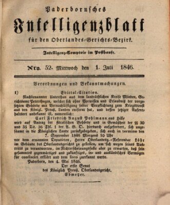 Paderbornsches Intelligenzblatt Mittwoch 1. Juli 1846