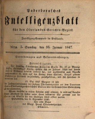 Paderbornsches Intelligenzblatt Samstag 16. Januar 1847