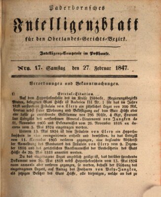 Paderbornsches Intelligenzblatt Samstag 27. Februar 1847