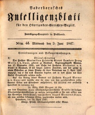 Paderbornsches Intelligenzblatt Mittwoch 2. Juni 1847