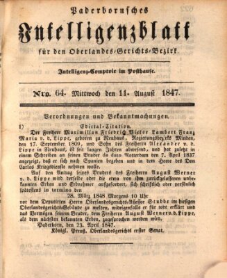 Paderbornsches Intelligenzblatt Mittwoch 11. August 1847