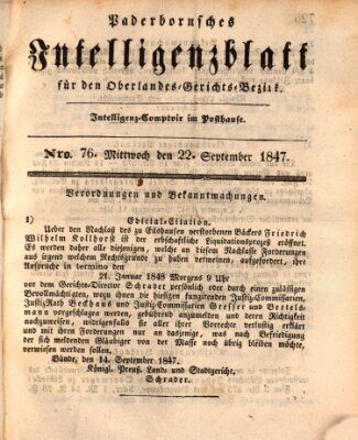 Paderbornsches Intelligenzblatt Mittwoch 22. September 1847