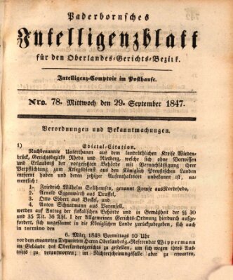 Paderbornsches Intelligenzblatt Mittwoch 29. September 1847