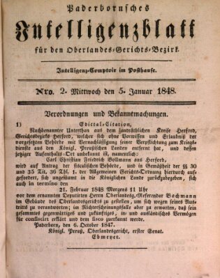 Paderbornsches Intelligenzblatt Mittwoch 5. Januar 1848