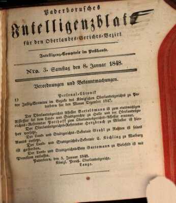 Paderbornsches Intelligenzblatt Samstag 8. Januar 1848