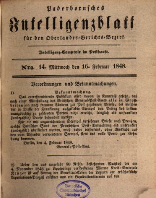 Paderbornsches Intelligenzblatt Mittwoch 16. Februar 1848