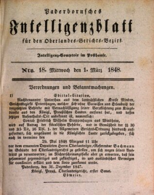 Paderbornsches Intelligenzblatt Mittwoch 1. März 1848