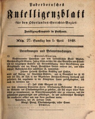 Paderbornsches Intelligenzblatt Samstag 1. April 1848