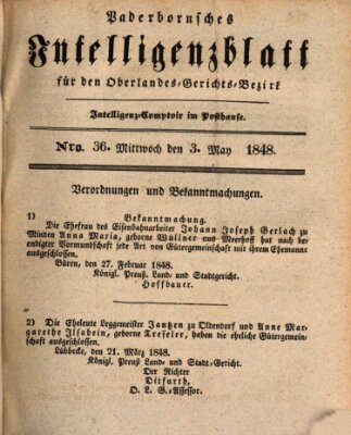 Paderbornsches Intelligenzblatt Mittwoch 3. Mai 1848