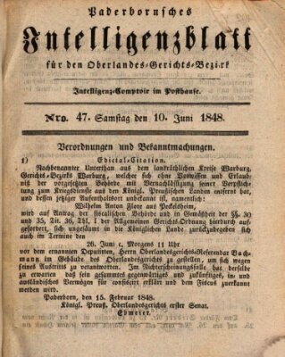 Paderbornsches Intelligenzblatt Samstag 10. Juni 1848