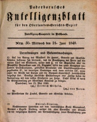 Paderbornsches Intelligenzblatt Mittwoch 21. Juni 1848