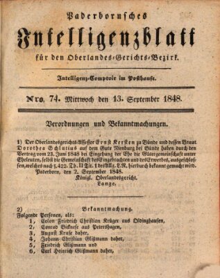 Paderbornsches Intelligenzblatt Mittwoch 13. September 1848