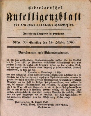 Paderbornsches Intelligenzblatt Samstag 14. Oktober 1848