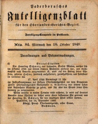 Paderbornsches Intelligenzblatt Mittwoch 18. Oktober 1848