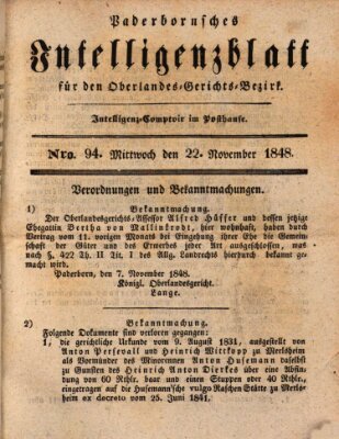 Paderbornsches Intelligenzblatt Mittwoch 22. November 1848