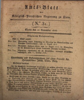 Amtsblatt der Königlichen Regierung zu Cleve Mittwoch 20. November 1816