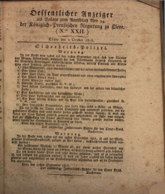 Amtsblatt der Königlichen Regierung zu Cleve Mittwoch 2. Oktober 1816