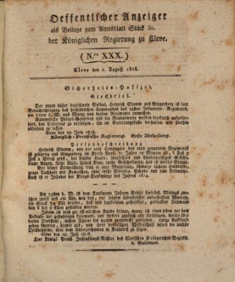 Amtsblatt der Königlichen Regierung zu Cleve Samstag 1. August 1818