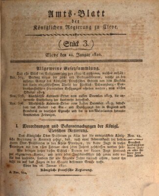 Amtsblatt der Königlichen Regierung zu Cleve Samstag 22. Januar 1820