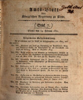 Amtsblatt der Königlichen Regierung zu Cleve Samstag 19. Februar 1820