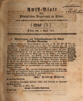 Amtsblatt der Königlichen Regierung zu Cleve Samstag 1. April 1820