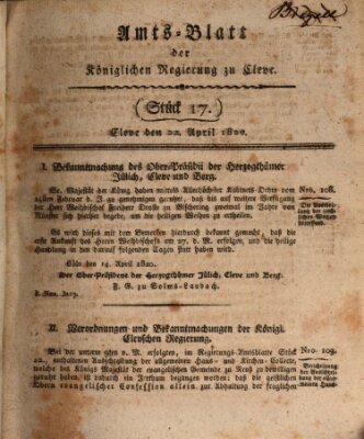 Amtsblatt der Königlichen Regierung zu Cleve Samstag 22. April 1820