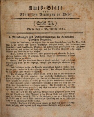 Amtsblatt der Königlichen Regierung zu Cleve Samstag 2. Dezember 1820