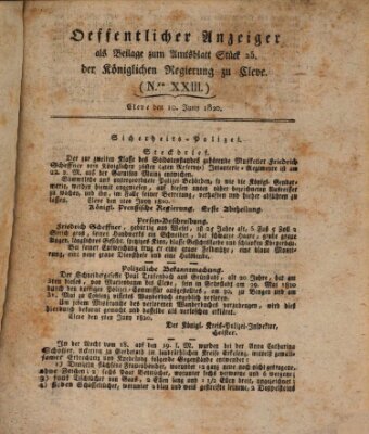 Amtsblatt der Königlichen Regierung zu Cleve Samstag 10. Juni 1820