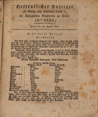 Amtsblatt der Königlichen Regierung zu Cleve Samstag 12. August 1820