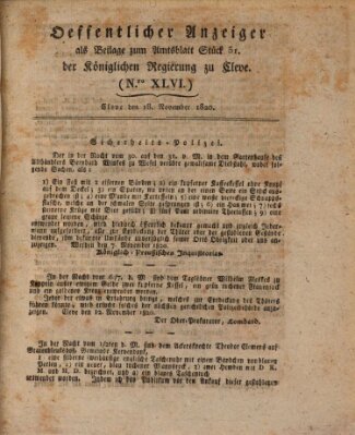 Amtsblatt der Königlichen Regierung zu Cleve Samstag 18. November 1820