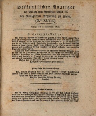 Amtsblatt der Königlichen Regierung zu Cleve Samstag 2. Dezember 1820