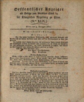 Amtsblatt der Königlichen Regierung zu Cleve Samstag 9. Dezember 1820