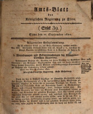 Amtsblatt der Königlichen Regierung zu Cleve Samstag 22. September 1821