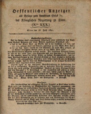 Amtsblatt der Königlichen Regierung zu Cleve Samstag 28. Juli 1821