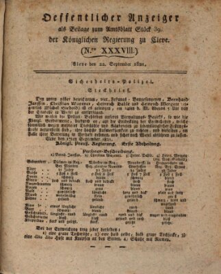 Amtsblatt der Königlichen Regierung zu Cleve Samstag 22. September 1821