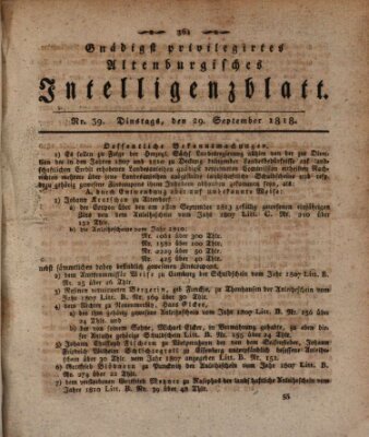 Gnädigst privilegirtes Altenburgisches Intelligenzblatt Dienstag 29. September 1818