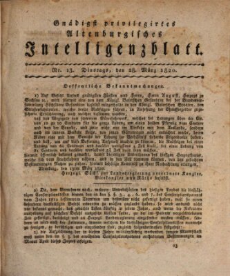 Gnädigst privilegirtes Altenburgisches Intelligenzblatt Dienstag 28. März 1820